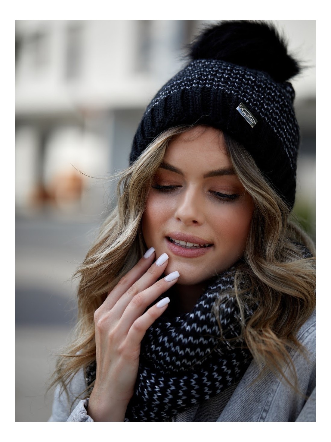 Winter hat set with herringbone neck warmer, black C45 - Online store - Boutique